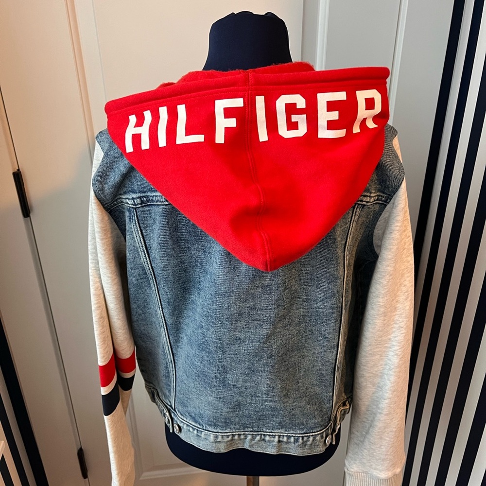 Denim and Red Hooded Tommy Hilfiger mixed media Jacket sz large BNWT - Picture 3 of 7